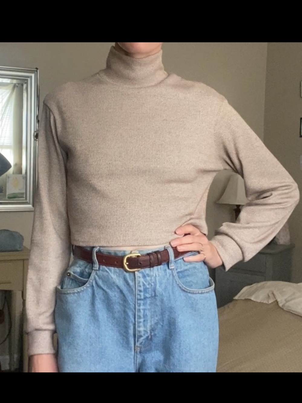 Cropped Turtleneck Long-Sleeve Sweater in Light Taupe